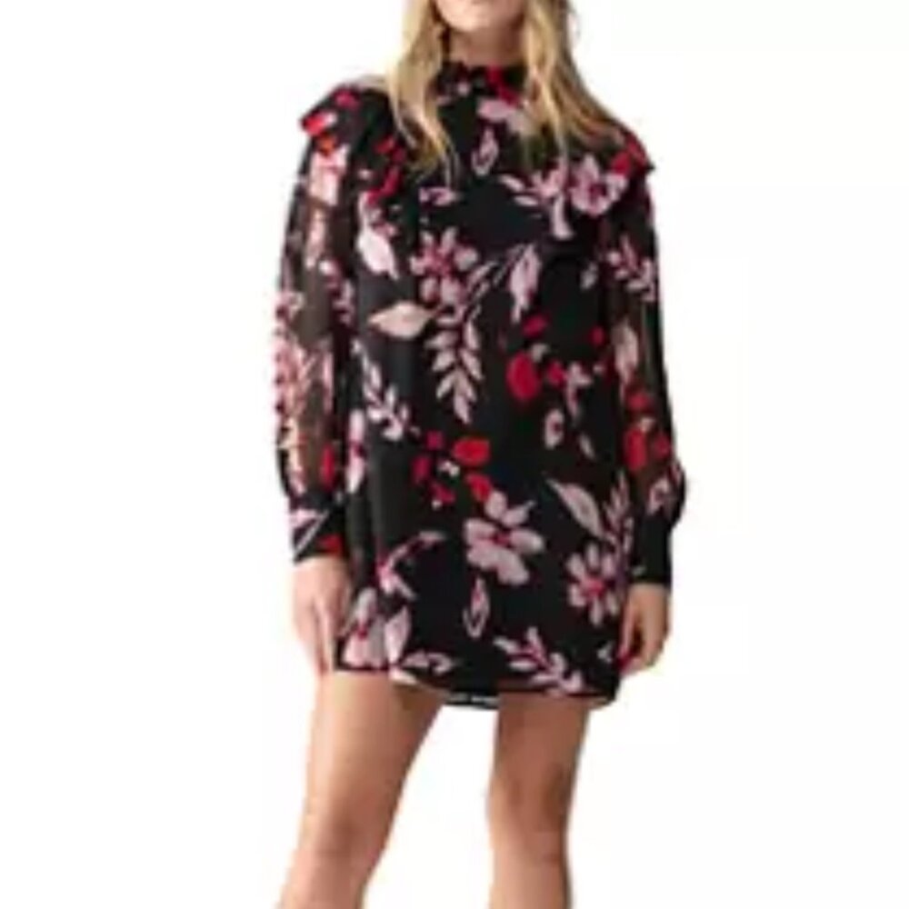 NWT Sanctuary Women’s Black Floral Babydoll Mini Dress Mock Neck Size Small